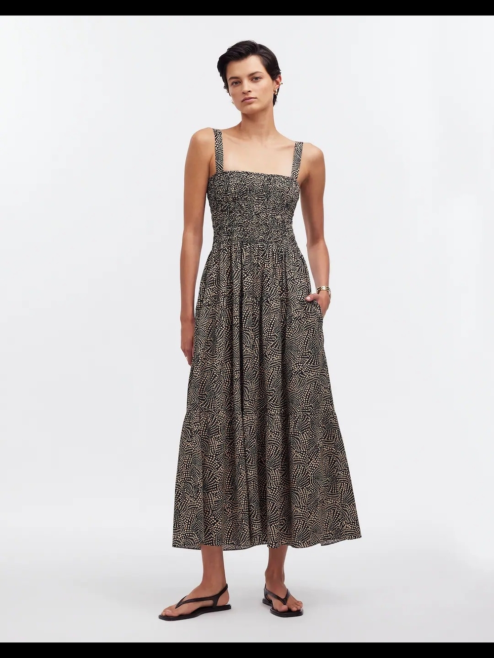 Madewell Smocked Printed Dress in Black and Beige